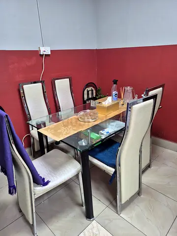Modern Glass Dining Table with 6 Chrome Framed Chairs