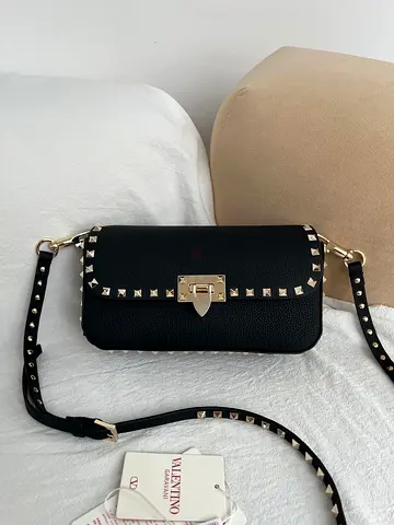 Valentino Rockstud Crossbody Bag in Black Grainy Leather