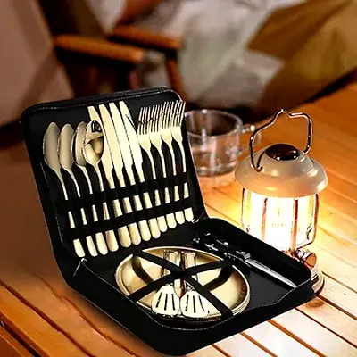 Picnic Dishes Utensils Gold Camping Flatware Set for 4 Portable Dinnerware Plates Silverware Forks S