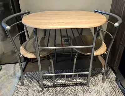 Compact 2-Seater Breakfast Bar Table with Stools - Light Wood Metal