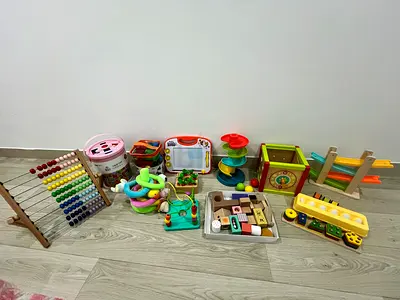 Lot of Wooden and Educational Toddler Toys — Abacus, Shape Sorters, Stacker Set