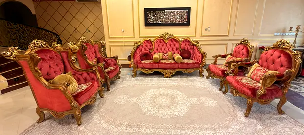 Ornate Vintage Egyptian wood, Red Velvet Living Room Sofa Set – 7 People (excellent Condition)