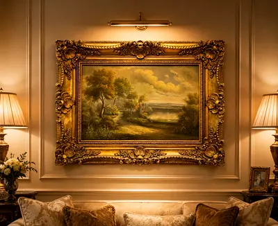 Framed Classic Landscape Oil Painting with Ornate Gold Frame