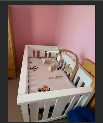 White Wooden Baby Crib with Mobile - Good Condition