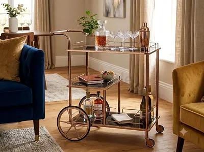 Copper Metal Bar Cart on Wheels - 2-Tier Drinks Trolley