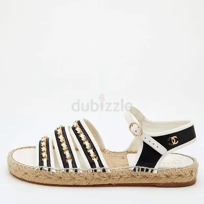 Chanel White/Black Leather Chain Embellished Ankle Strap Espadrille Flats Size 40