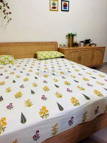 king rattan bed frame with matching sideboard - natural finish