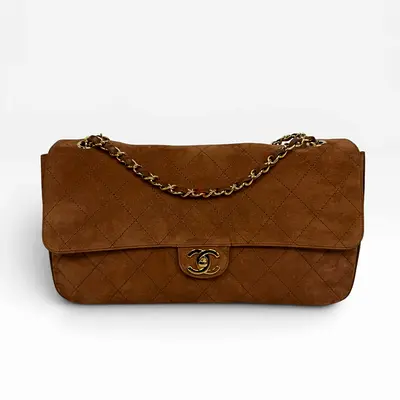 AUTHENTIC CHANEL MAXI FLAP IN TAN SUEDE WITH GOLD HARDWARE