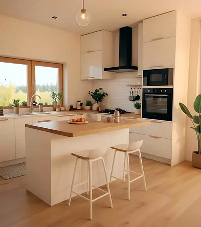 IKEA-style White Kitchen Island with Wooden Top and 2 Stools