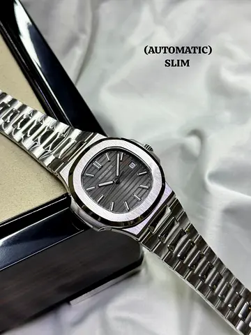 Slim Automatic Stainless Steel Mens Watch with Grey Dial slim size