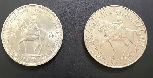 UK Commemorative Crowns Pair – 1953 Coronation 1977 Silver Jubilee (Great Condition)
