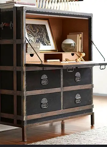 Pottery Barn Ludlow secretary desk Vintage Industrial Metal Wood Chest of Drawers Trunk
