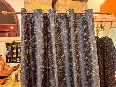 Pair of black marble-pattern eyelet curtains - good condition  blackout with road