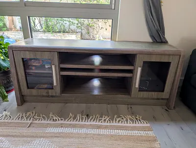 Wooden TV Entertainment Unit with Glass Doors — Light Oak Finish