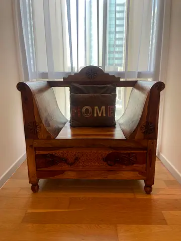 Solid Wood Carved Single-Seat Bench with Storage