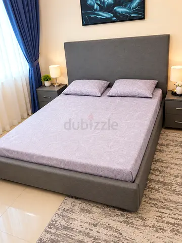 Grey Fabric Double Bed with Headboard 2 matching bedside tables - Good Condition
