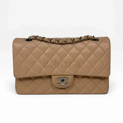 AUTHENTIC CHANEL MEDIUM CLASSIC DOUBLE FLAP LIGHT BEIGE LAMBSKIN LEATHER WITH SILVER HARDWARE