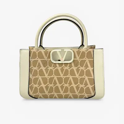 VALENTINO GARAVANI CANVAS TOTE IN BEIGE CANVAS AND LEATHER WITH GOLD HARDWARE