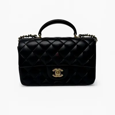 AUTHENTIC CHANEL MINI RECTANGLE TOP HANDLE FLAP BAG IN BLACK LAMBSKIN WITH PALE GOLD HARDWARE