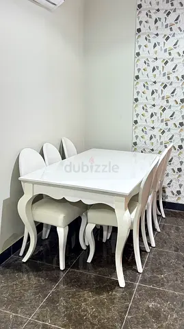 White Wooden Dining Table with 6 Matching Chairs - Good Condition
