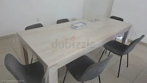 Solid Wood Dining Table with 6 Grey Upholstered Chairs