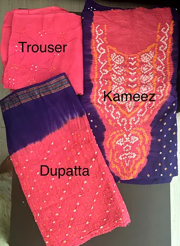 Authentic monjolika Chunari, or Bandhani suit - Pink Purple Embroidered women’s suit (unstitch