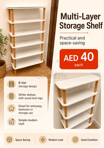 White 6-Tier Multi-Layer Storage Shelf with Wood-Look Legs - AED 40
