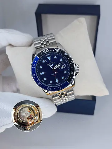 Mens Automatic GMT Stainless Steel Watch with Blue Bezel