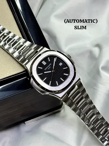 Slim Automatic Stainless Steel Mens Watch with Black Dial slim size