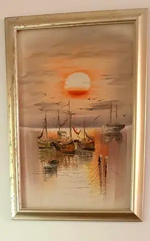 Framed Seascape Painting with Boats and Sunset