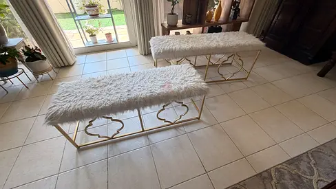 Golden white fur seating bench