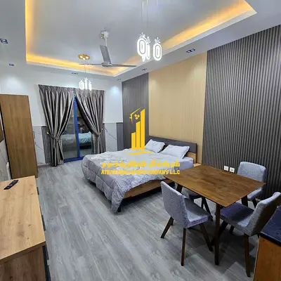 Furnished studio apartment with balcony for monthly rent ✨ Ajman, Kuwait Street, Al Nuaimiya Tower C 🏢 Stylish and tidy furnishings ✅ Including bills
