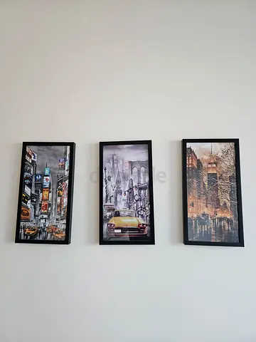 Set of 3 Framed Cityscape Wall Art Prints - Black Frames.