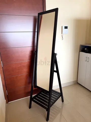 Full-Length Standing Wooden Mirror with Shelf, Black