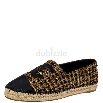 Chanel Black/Gold Tweed And Fabric CC Flat Espadrilles Size 39