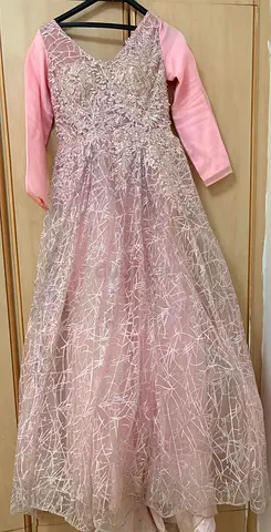 Pink embroidered long gown with full sleeves — size approx. M/L