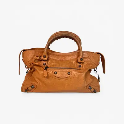 AUTHENTIC BALENCIAGA MEDIUM LE CITY BAG IN PEACH LEATHER WITH GOLD HARDWARE