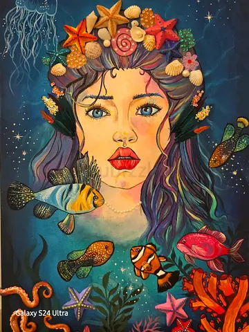 Original Mixed-Media Mermaid Portrait with Shell Embellishments