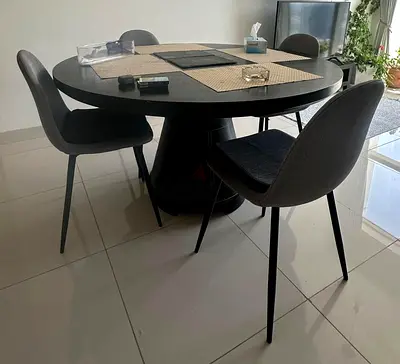 Round Black Dining Table with 4 Grey Chairs - Good Condition