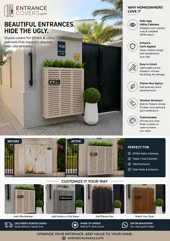 Entrance utility meter covers. Hide those ugly Dewa cabinets. — Modern slatted design with options.