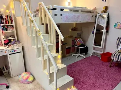 Beautiful White loft bunk bed with stairs - perfect kids room setup