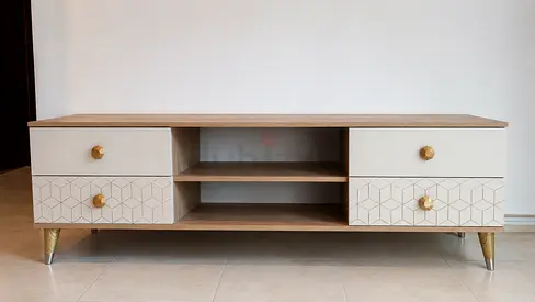 Wooden TV Unit / Media Console with Drawers and Gold Accents