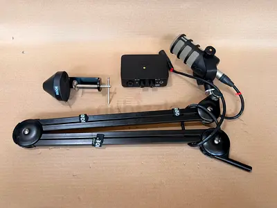 Rode PodMic with boom arm, shock mount and audio interface - used