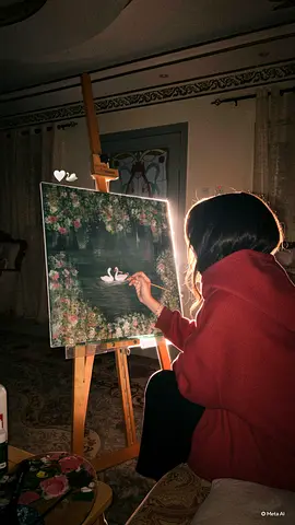 Original framed oil painting of swans on a pond on easel (ready to hang)