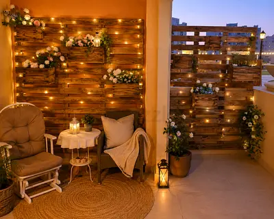 2pcs Wooden Pallet Wall Panels with Planters  String Lights - Decorative Balcony Feature