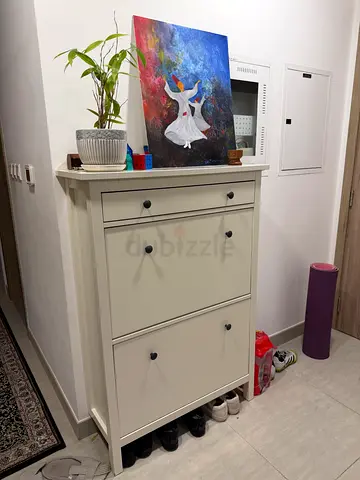 White Wooden Shoe Cabinet with 3 Flip Doors and Drawer - Good Condition