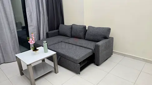 Compact Grey Fabric L-Shaped Sofa Bed — excellent Condition