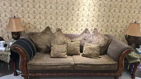Solid Malaysian Wood Set With Fabric patterns | 3+2+1+1 + Coffee Table - Great Condition