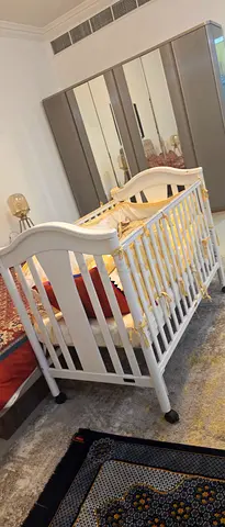 White Wooden Baby Crib with Mattress - Good Condition