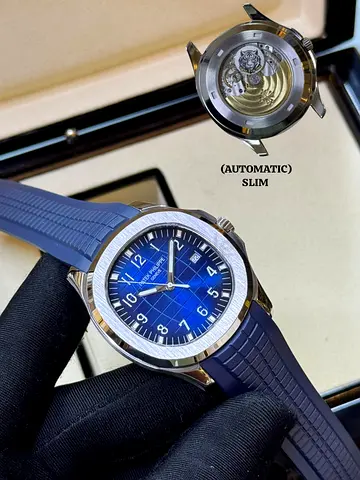 Automatic Slim Blue Dial Mens Watch with Rubber Strap